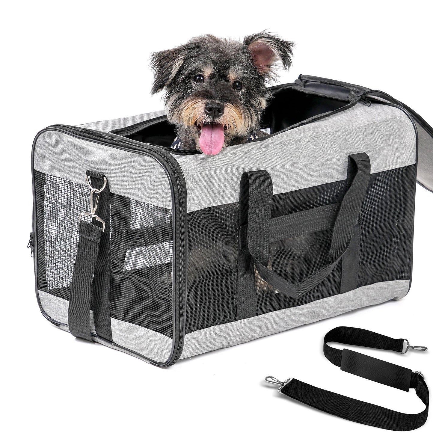 Large Cat Carrier,Foldable Pet Carrier with Soft-Sided and Safety Leash,Comfort Travel Carrier for Large Dogs Cats,Gray