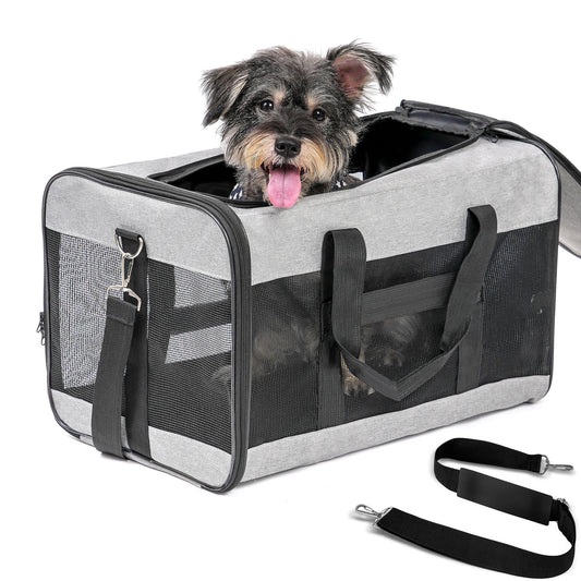 Large Cat Carrier,Foldable Pet Carrier with Soft-Sided and Safety Leash,Comfort Travel Carrier for Large Dogs Cats,Gray