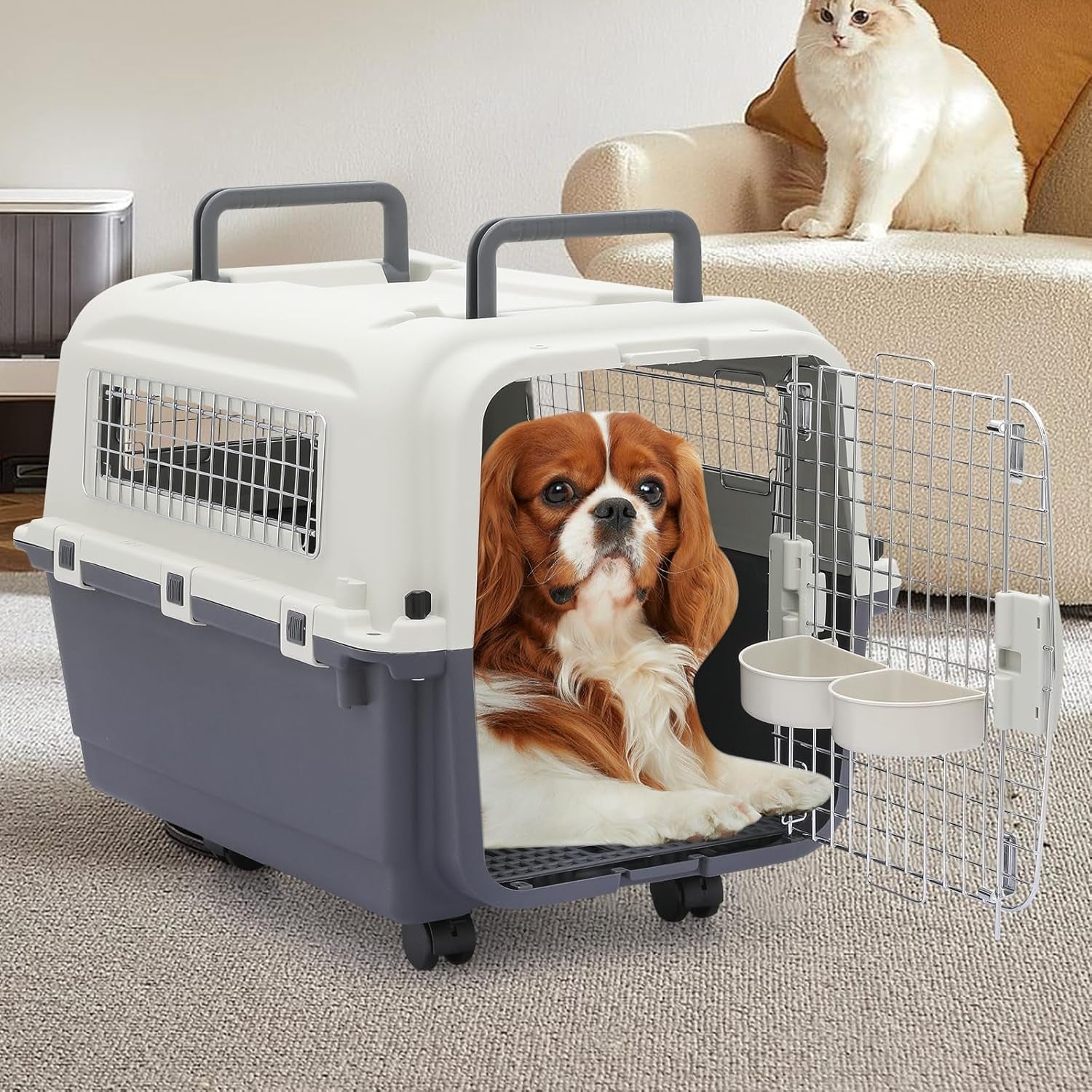 Dog Carriers with Wheels for Longer Travels, 25.5 Inch Hard-Sided Dog Carrier for Small Dogs and Cats Breeds with an Adult Weight of 22 Lbs, Ventilation and Light Weight Design (White+Grey)
