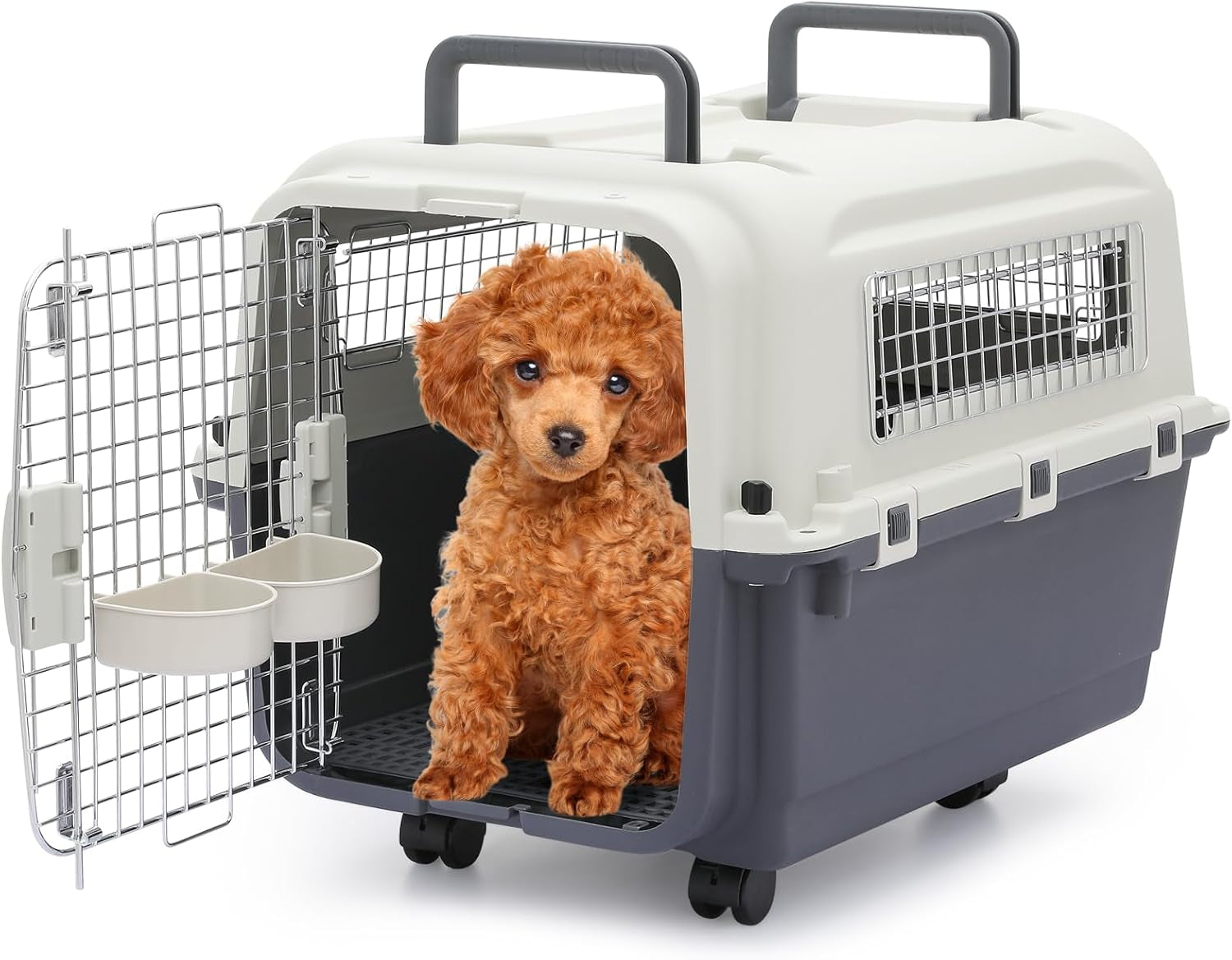 Dog Carriers with Wheels for Longer Travels, 25.5 Inch Hard-Sided Dog Carrier for Small Dogs and Cats Breeds with an Adult Weight of 22 Lbs, Ventilation and Light Weight Design (White+Grey)
