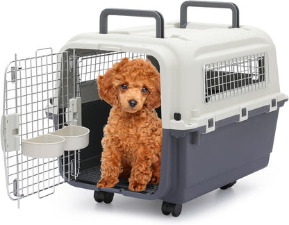 Dog Carriers with Wheels for Longer Travels, 25.5 Inch Hard-Sided Dog Carrier for Small Dogs and Cats Breeds with an Adult Weight of 22 Lbs, Ventilation and Light Weight Design (White+Grey)