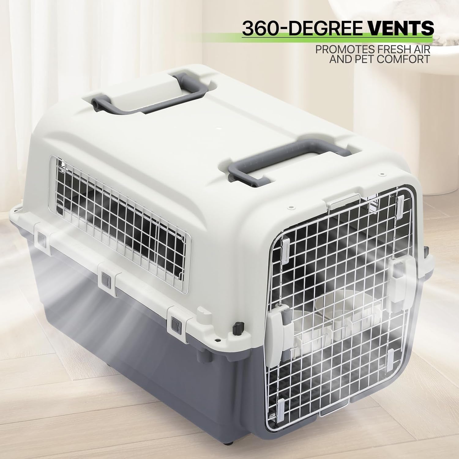 Dog Carriers with Wheels for Longer Travels, 25.5 Inch Hard-Sided Dog Carrier for Small Dogs and Cats Breeds with an Adult Weight of 22 Lbs, Ventilation and Light Weight Design (White+Grey)
