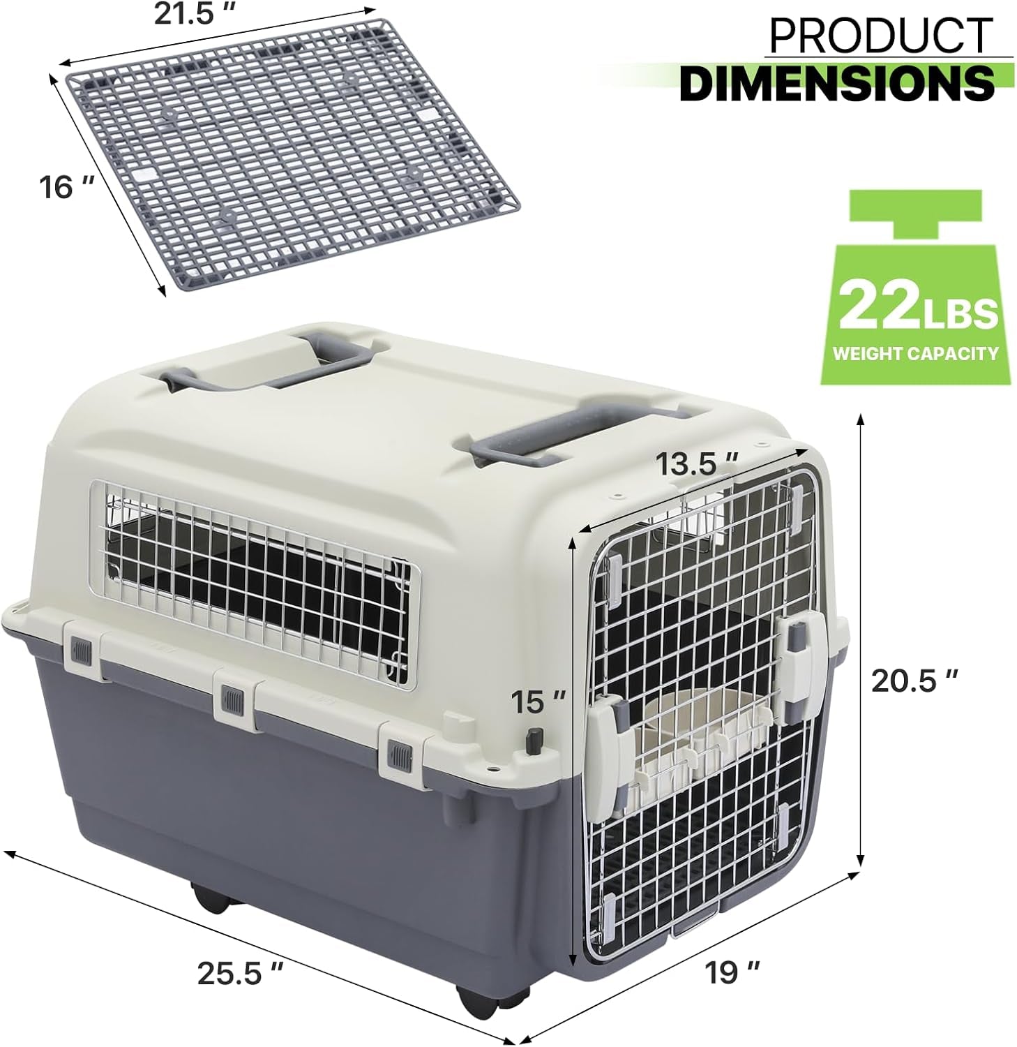 Dog Carriers with Wheels for Longer Travels, 25.5 Inch Hard-Sided Dog Carrier for Small Dogs and Cats Breeds with an Adult Weight of 22 Lbs, Ventilation and Light Weight Design (White+Grey)