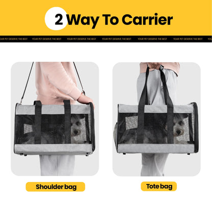 Large Cat Carrier,Foldable Pet Carrier with Soft-Sided and Safety Leash,Comfort Travel Carrier for Large Dogs Cats,Gray