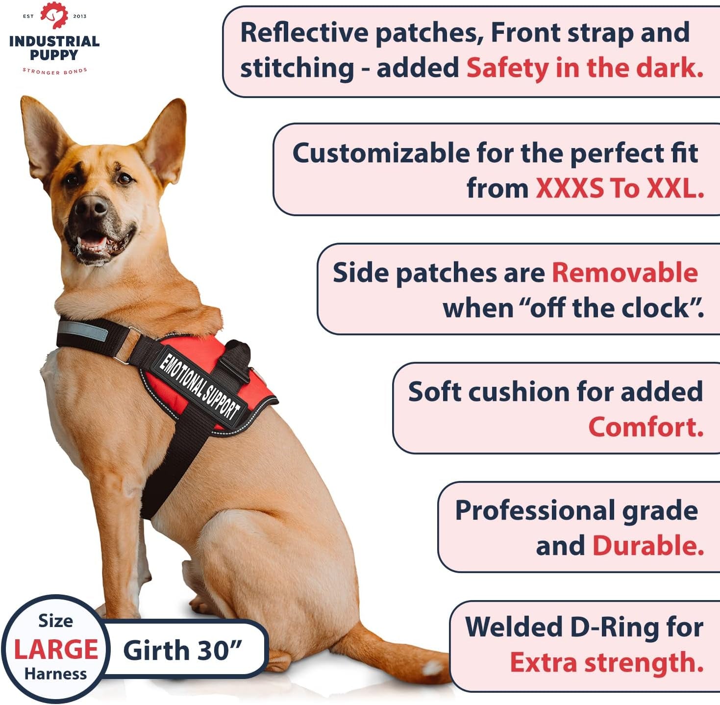 Heavy Duty Emotional Support Dog Vest Harness with Reflective Straps, Interchangeable Patches & Top Handle - ESA Dog Vest in 8 Sizes, Durable Service Harness for Working and Support Dogs